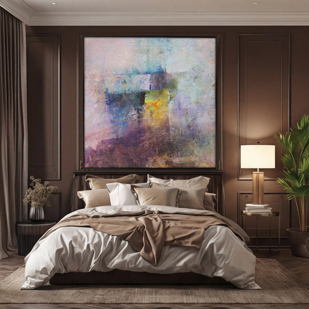 Tablou canvas cu pictura abstracta cu pete mov si albastre, in rama de aluminiu negru, pe perete intr-un dormitor